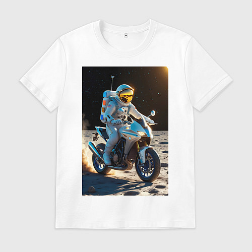 Мужская футболка Космонавт ездит на мотоцикле по Луне / Белый – фото 1