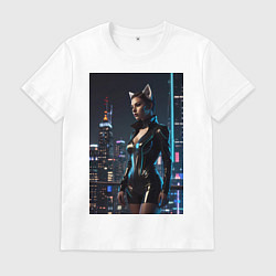Футболка хлопковая мужская Девушка с кошачьими ушами стоит на фоне небоскребо, цвет: белый