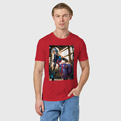 Футболка хлопковая мужская Девушка с оружием в киберпанк стиле, цвет: красный — фото 2