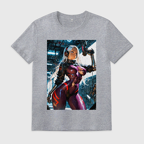 Мужская футболка Девушка с оружием в киберпанк стиле / Меланж – фото 1