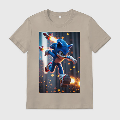 Мужская футболка Соник убегает от летящих ракет / Миндальный – фото 1