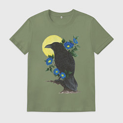 Мужская футболка Чёрный ворон на ветке под луной среди синих цветов
