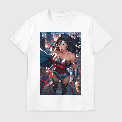 Мужская футболка Чудо-женщина с городским фоном в стиле комиксов / Белый – фото 1