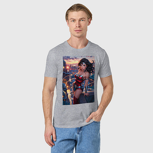 Мужская футболка Чудо-женщина с городским фоном в стиле комиксов / Меланж – фото 3