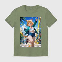 Футболка хлопковая мужская Позитивная лисичка поднимающая настроение, цвет: авокадо