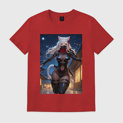 Мужская футболка Кошка-ниндзя с ножами бежит в ночи / Красный – фото 1