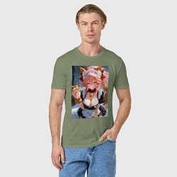 Футболка хлопковая мужская Фейт Тамамо в костюме горничной с мягкими лапами, цвет: авокадо — фото 2