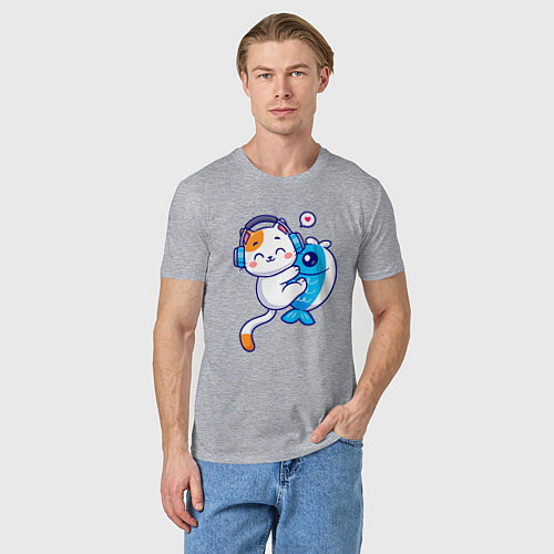 Мужская футболка Котик и рыба / Меланж – фото 3