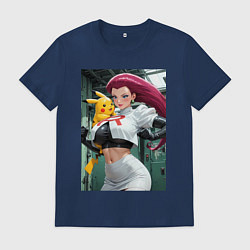 Футболка хлопковая мужская Джесси и Пикачу, цвет: тёмно-синий