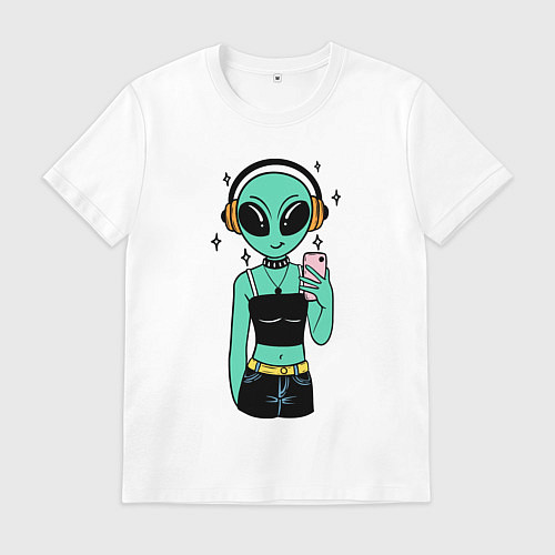 Мужская футболка Девочка инопланетянин с телефоном / Белый – фото 1