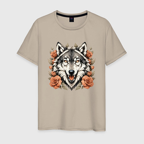 Мужская футболка Голова волка в цветах / Миндальный – фото 1