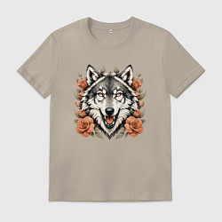 Мужская футболка Голова волка в цветах
