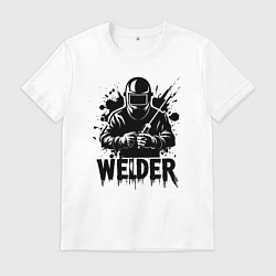 Футболка хлопковая мужская Сварщик черной краской, цвет: белый