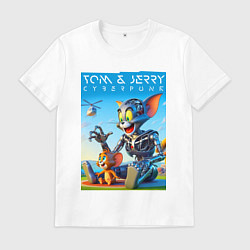 Футболка хлопковая мужская Cyborg Tom and Jerry - ai art fantasy, цвет: белый