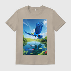 Футболка хлопковая мужская Попугай ловит рыбу, цвет: миндальный