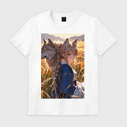 Футболка хлопковая мужская Девушка-волчица посреди поля пшеницы, цвет: белый
