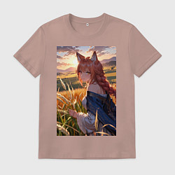 Футболка хлопковая мужская Девушка-волчица посреди поля пшеницы, цвет: пыльно-розовый