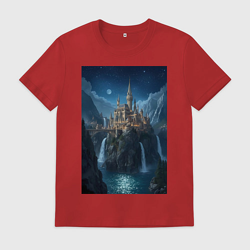 Мужская футболка Замок в стиле Хогвартс под звездным небом / Красный – фото 1