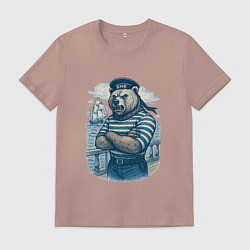 Футболка хлопковая мужская Медведь в тельняшке ВМФ, цвет: пыльно-розовый