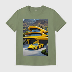 Футболка хлопковая мужская Желтый суперкар у дома, цвет: авокадо