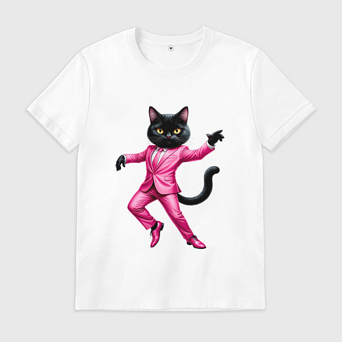 Мужская футболка Черный кот в розовом костюме танцует / Белый – фото 1