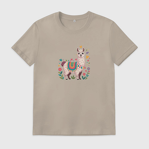 Мужская футболка Лама с сердечками и цветами / Миндальный – фото 1