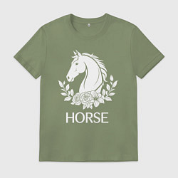 Футболка хлопковая мужская Лошадь в цветах, цвет: авокадо