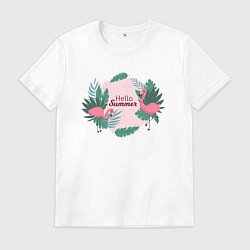 Футболка хлопковая мужская Фламинго с надписью привет лето, цвет: белый