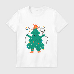 Футболка хлопковая мужская Новогодняя елка с ногами, цвет: белый