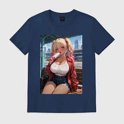 Футболка хлопковая мужская Гяру эротично кушает мороженное, цвет: тёмно-синий