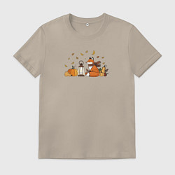 Мужская футболка Лиса с тыквами и фонарём