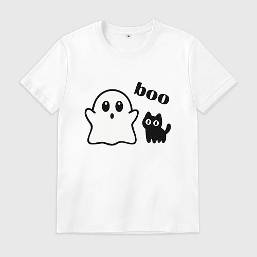 Мужская футболка Хэллоуин, привидение и черный кот / Белый – фото 1