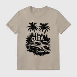 Футболка хлопковая мужская Ретро-Куба пальмы и автомобиль, цвет: миндальный