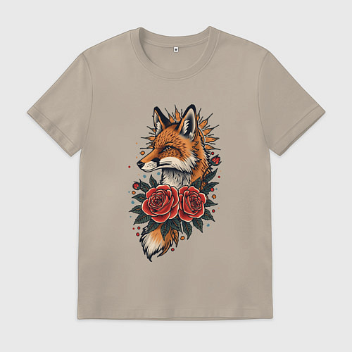 Мужская футболка Татуировка лисы с розами / Миндальный – фото 1