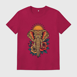 Мужская футболка Слон на фоне солнца с розами в стиле тату