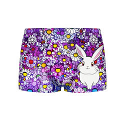 Трусы-боксеры мужские Веселый кролик в фиолетовых ромашках, цвет: 3D-принт