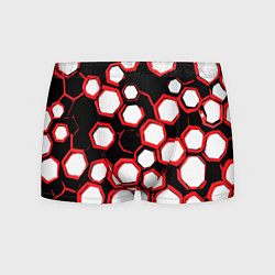 Трусы-боксеры мужские Красно-белые шестиугольники на чёрном фоне, цвет: 3D-принт