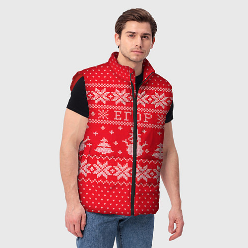 Мужской жилет Новогодний Егор ugly sweater со снеговиками / 3D-Красный – фото 3