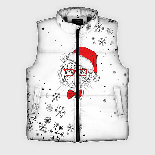 Мужской жилет Новогодний тигр летящие снежинки / 3D-Черный – фото 1