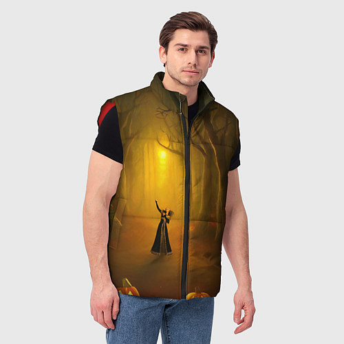 Мужской жилет Ведьма в черном платье в заколдованном лесу с тыкв / 3D-Красный – фото 3