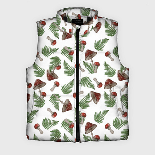 Мужской жилет Мухоморы и папоротник на белом - паттерн / 3D-Черный – фото 1