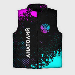 Мужской жилет Анатолий и неоновый герб России: надпись, символ, цвет: 3D-черный