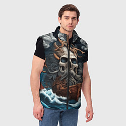 Мужской жилет Тату ирезуми черепа пирата на корабле в шторм, цвет: 3D-черный — фото 2