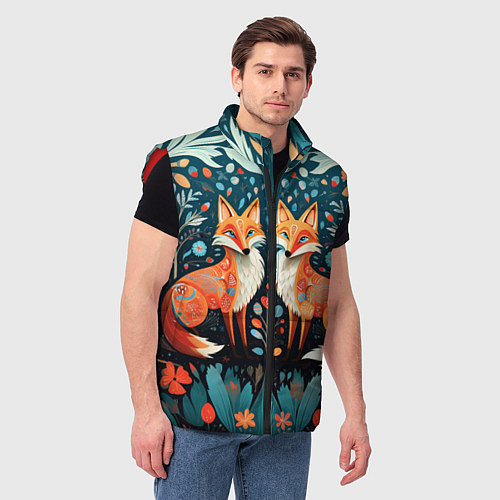 Мужской жилет Две лисички в стиле фолк арт / 3D-Красный – фото 3