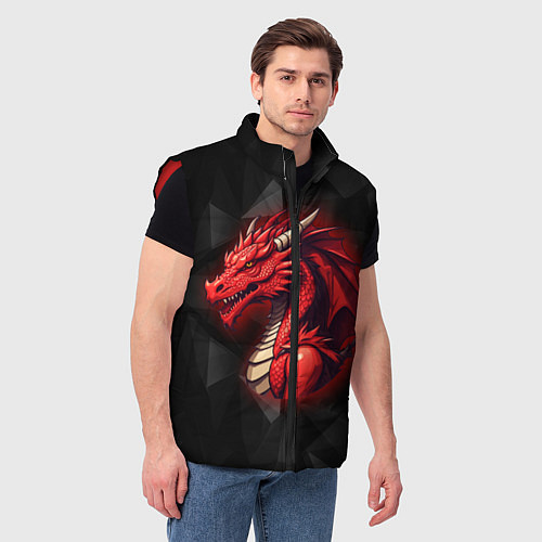 Мужской жилет Красный дракон на полигональном черном фоне / 3D-Красный – фото 3
