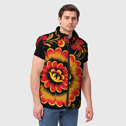 Мужской жилет Хохломская роспись красно-жёлтые цветы на чёрном ф, цвет: 3D-красный — фото 2