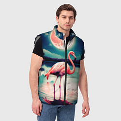 Мужской жилет Розовый фламинго на фоне луны, цвет: 3D-светло-серый — фото 2