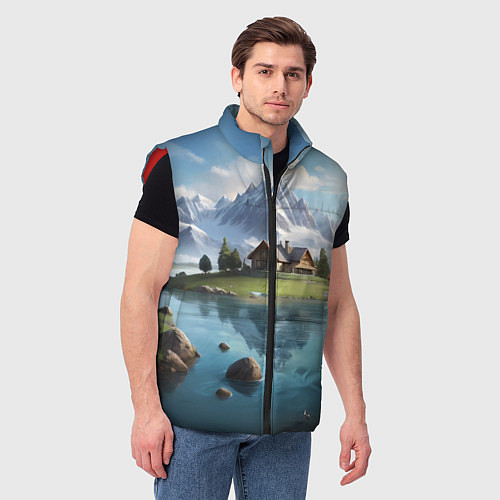 Мужской жилет Чудесный день на берегу озера в горах / 3D-Красный – фото 3
