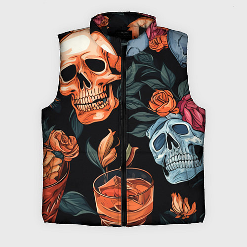 Мужской жилет Кусты черепов с розами и пионами / 3D-Черный – фото 1