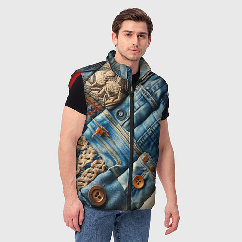 Мужской жилет Джинсовый пэчворк с пуговицами - мода / 3D-Красный – фото 3